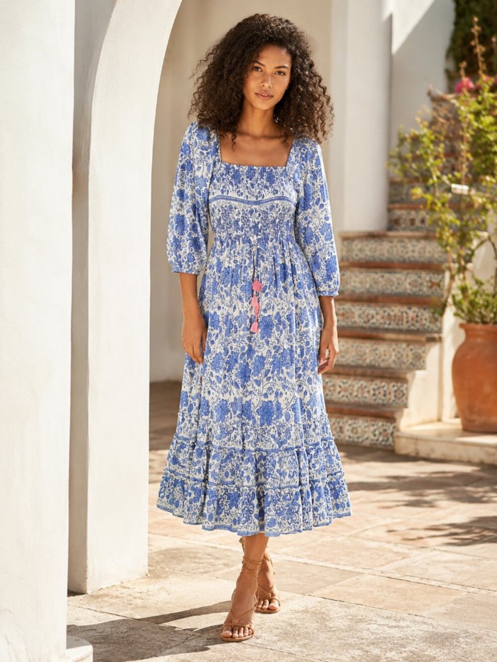 BELL by Alicia Bell Blue White Floral Smocked Cotton & Silk Midi Dress